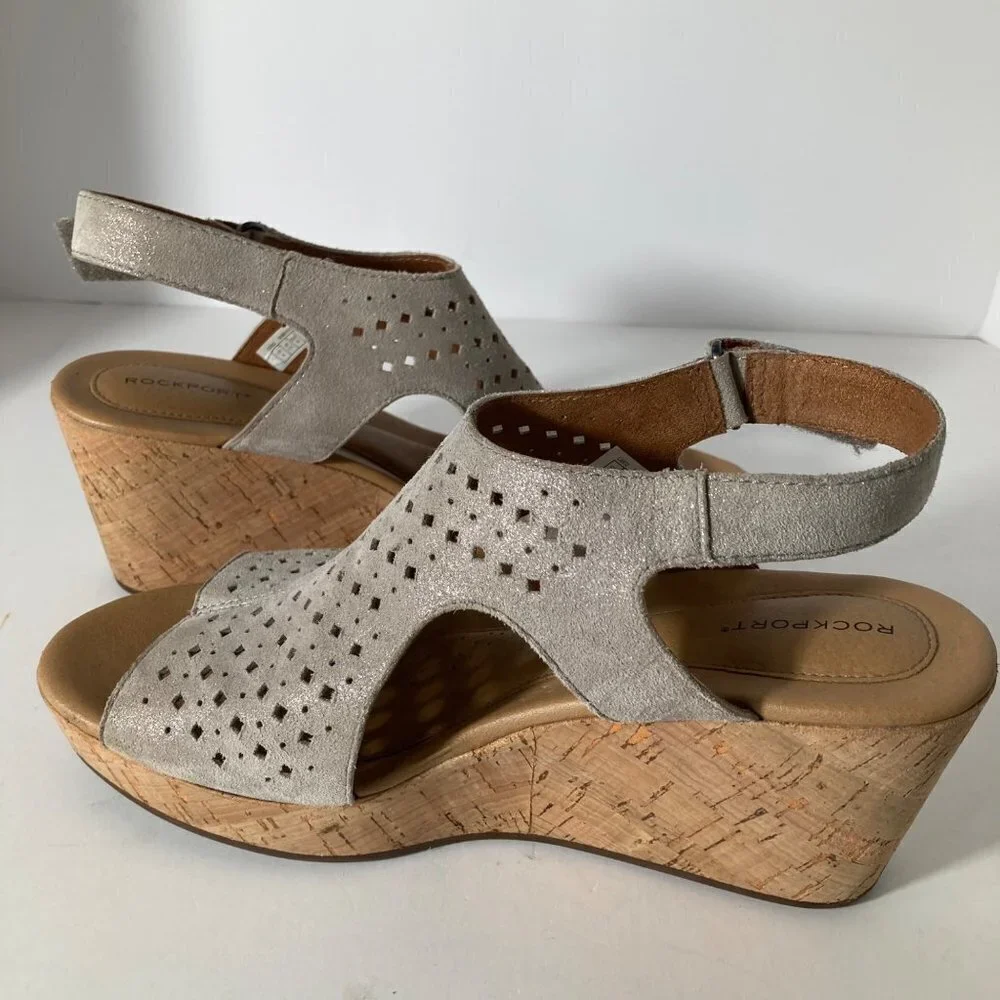 Womens Rockport Briah Slingback Suede Wedge Sandal‎ Laser Cut Metallic Khaki 8